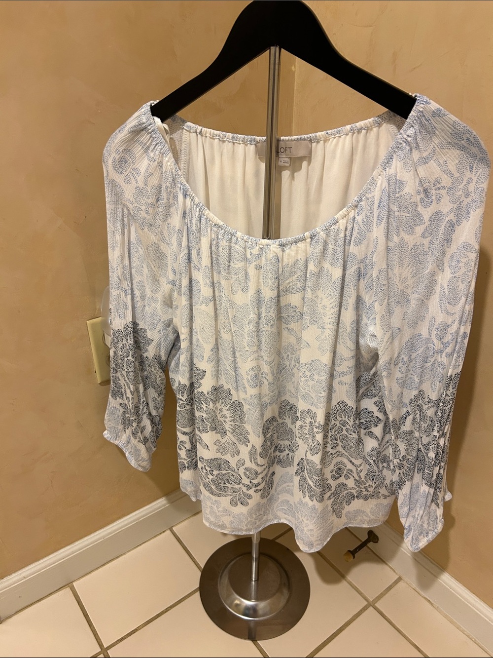 LOFT White and Pale Blue Floral Boho Blouse